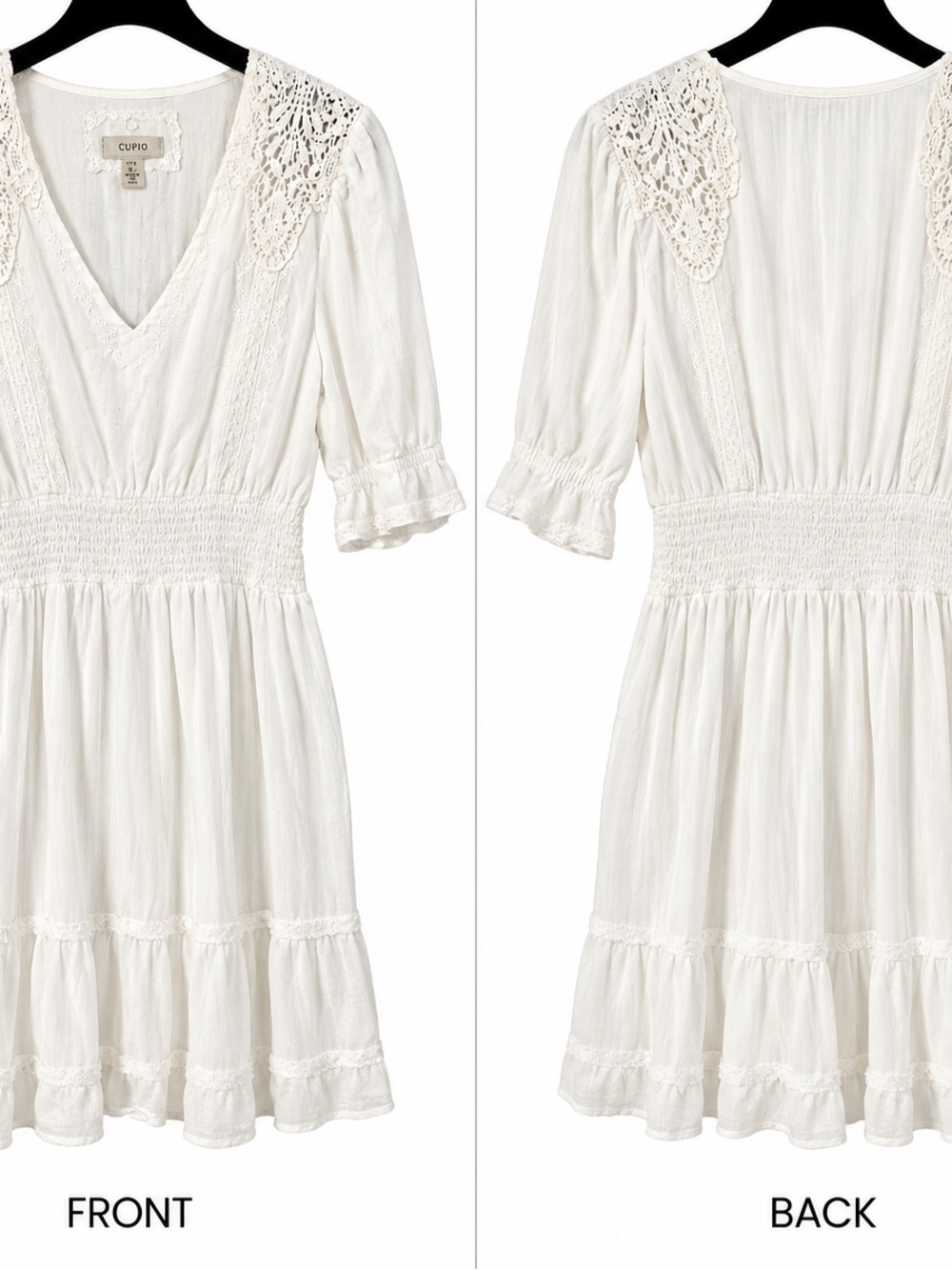 Cupio White V-Neck Lace-Trim Smocked Waist Dress